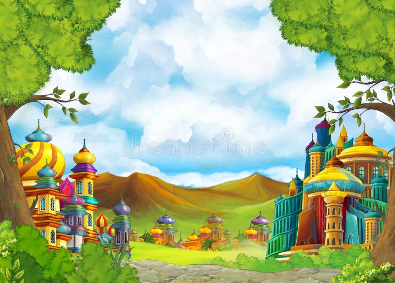 Cartoon Scene with Beautiful Medieval Castles - Far East Kingdom Stock  Illustration - Illustration of entrance, forest: 131153558