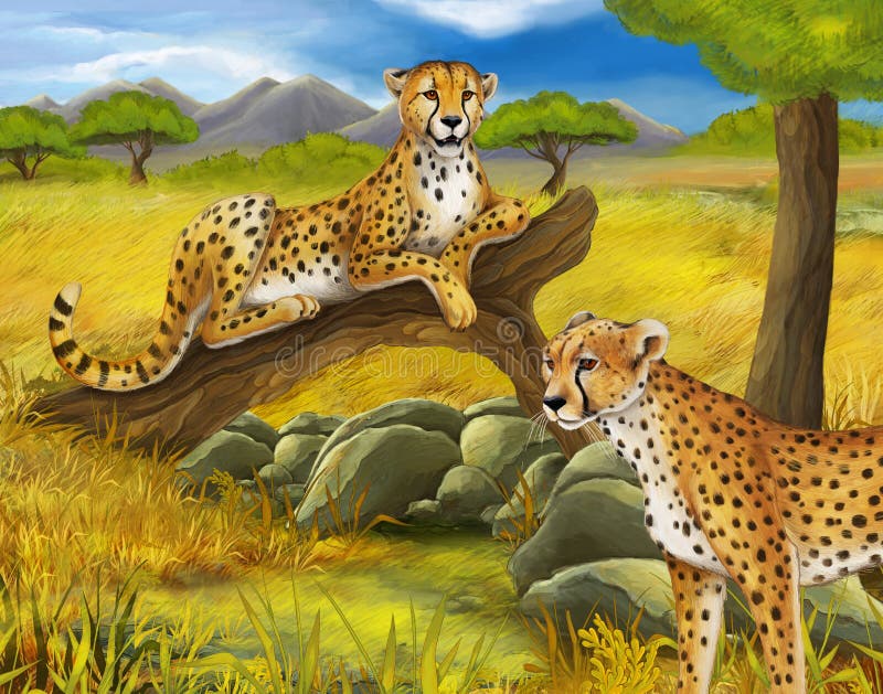 Cartoon scene with cheetah resting on tree with family illustration for children kids