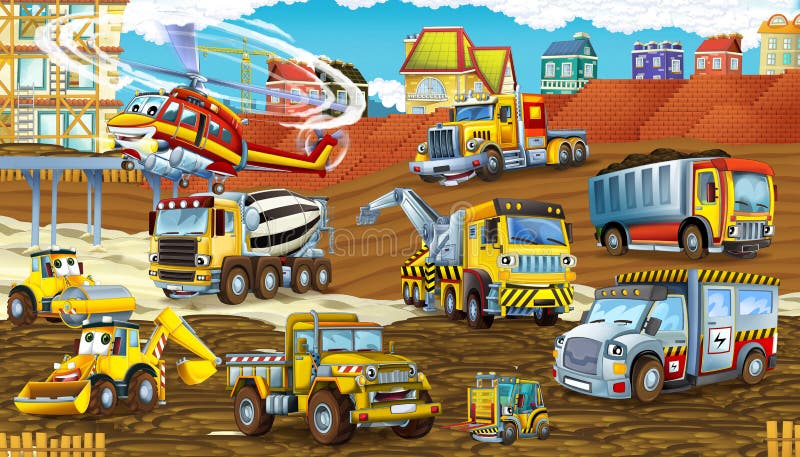 Cartoon scene with funny construction site cars and helicopter - illustration for children. Cartoon scene with funny construction site cars and helicopter - illustration for children