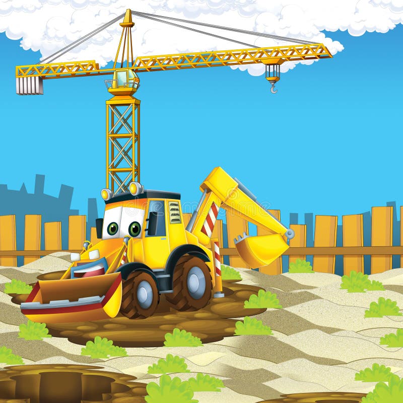 Cartoon scene with digger excavator or loader on construction site