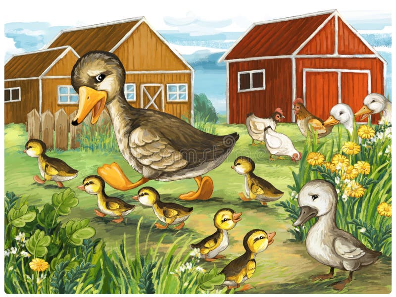 Cartoon scene with ducks in nature fairy tale scene illustration for children kids