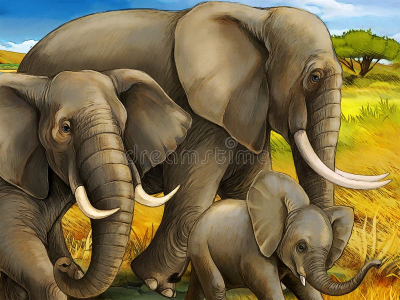 Cartoon Scene with Family of Elephants Safari Illustration for Children  Stock Illustration - Illustration of africa, african: 167099026