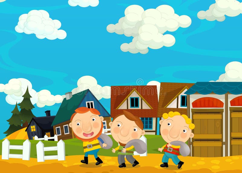 Cartoon Scene with Farmers in the Village Stock Illustration