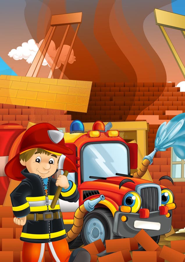 Cartoon Scene With Fire Fighter Machine Fireman Vehicle