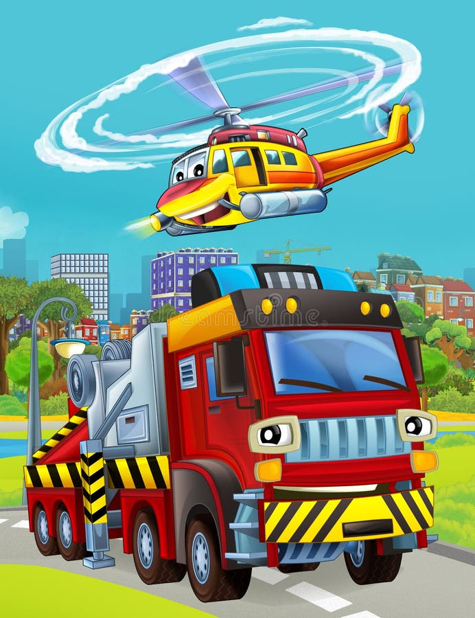 Cartoon scene with fireman vehicle on the road fireman worker and helicopter - illustration for children. Cartoon scene with fireman vehicle on the road fireman worker and helicopter - illustration for children