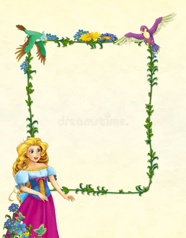 Cartoon Scene with Floral Frame - Beautiful Girl - Princess- Title Page  with Space for Text Stock Illustration - Illustration of noble, nice:  123653550