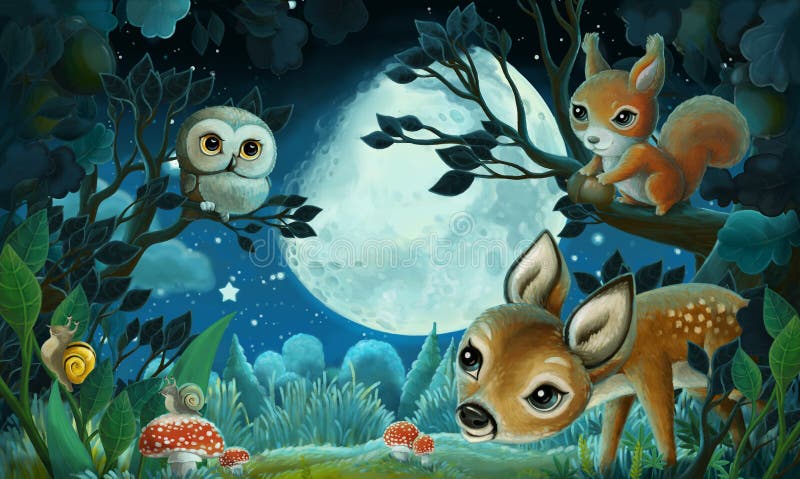 Cartoon Scene with Forest Animals by Night Squirrel Fox Owl Deer -  Illustration Stock Illustration - Illustration of bears, cute: 197406028