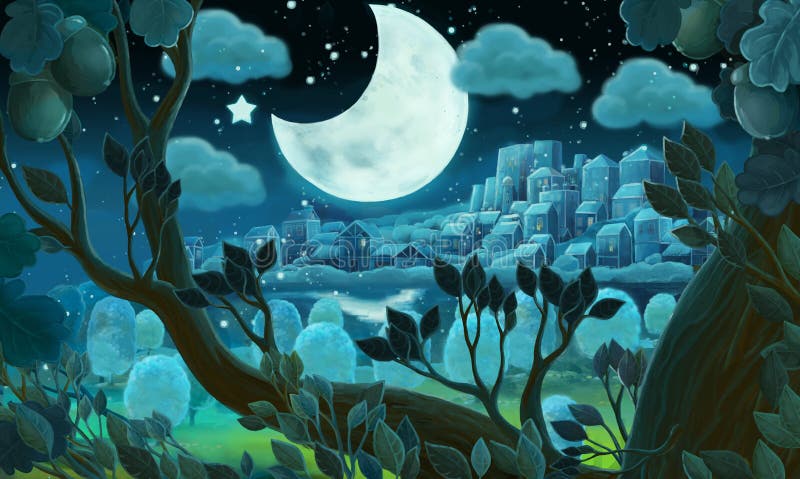 Cartoon Scene with Forest by Night - Illustration for Kids Stock ...