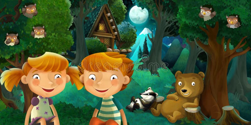 Cartoon Scene with Girl and Boy Resting in the Beautiful Forest Near Old Beatiful House - Romantic Night Stock Illustration - Illustration of forest, cartoon: 111176740 Cartoon Scene with Girl and Boy Resting in the Beautiful Forest Near Old Beatiful House - Romantic Night Stock Illustration - Illustration of forest, cartoon: 111176740
