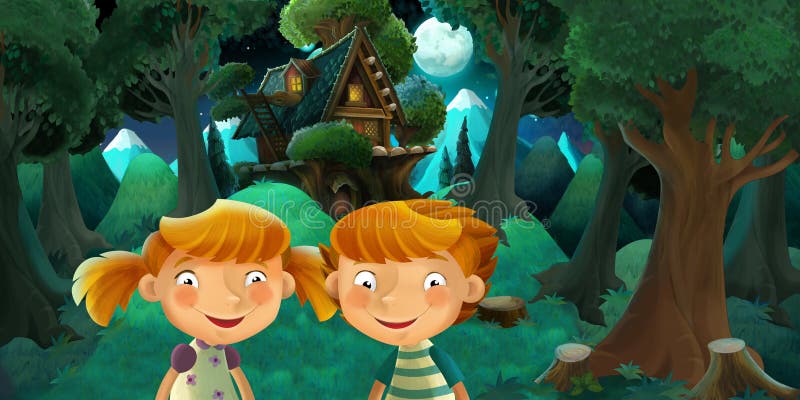 Cartoon Scene with Girl and Boy Resting in the Beautiful Forest Near Old  Beatiful House - Romantic Night Stock Illustration - Illustration of happy,  bear: 111176891