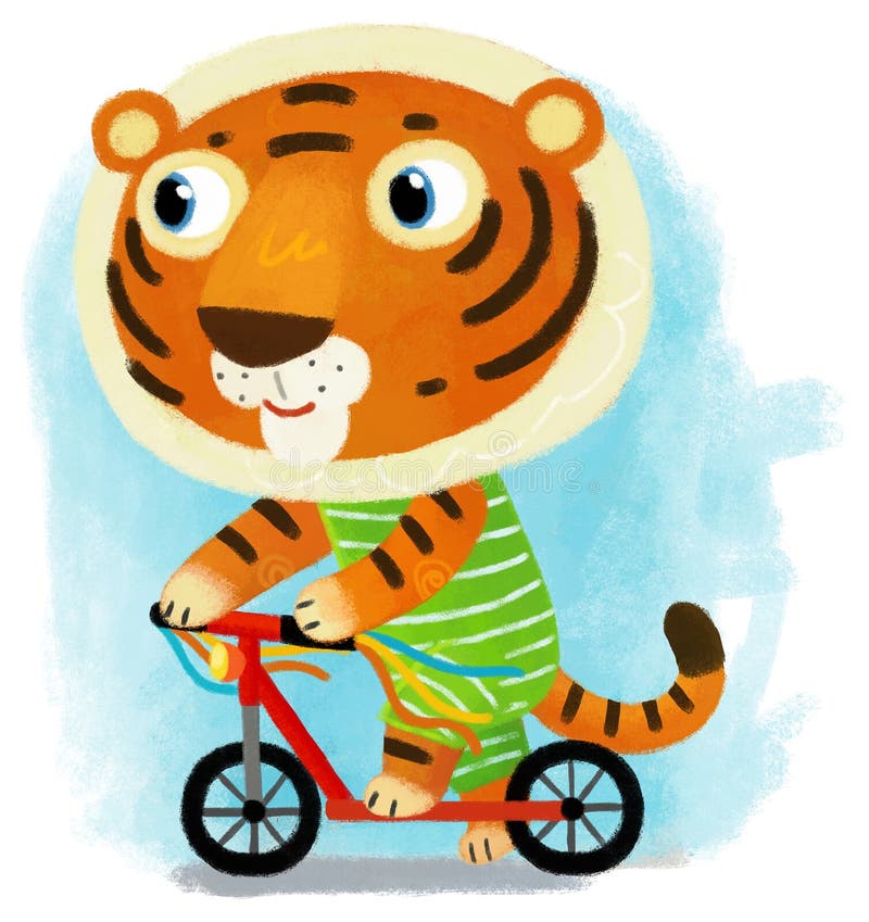 Cartoon scene with happy little boy tiger cat having fun riding scooter on white background illustration for children