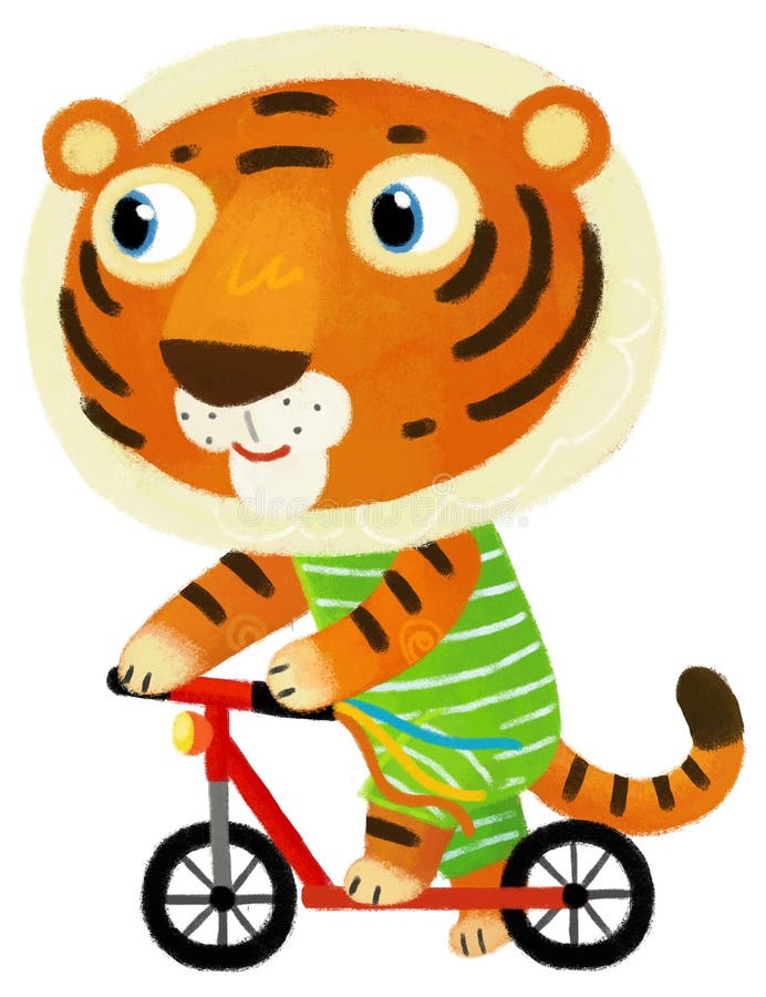 Cartoon scene with happy little boy tiger cat having fun riding scooter on white background illustration for children