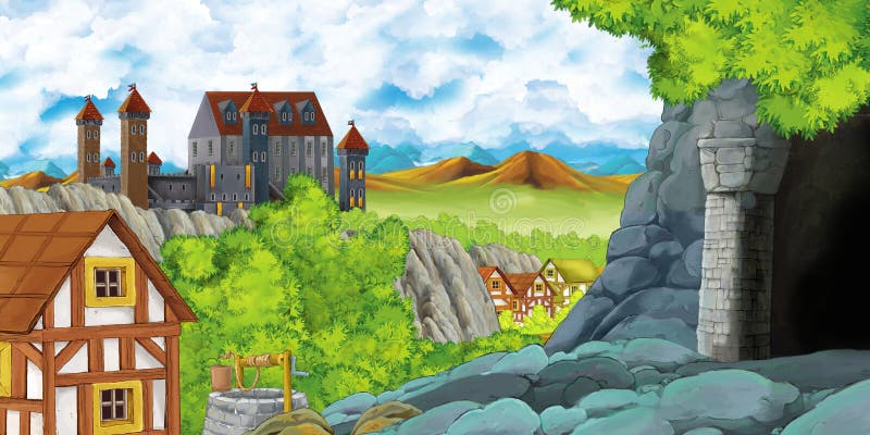 Cartoon scene with kingdom castle and farm village near it and hidden mining cave