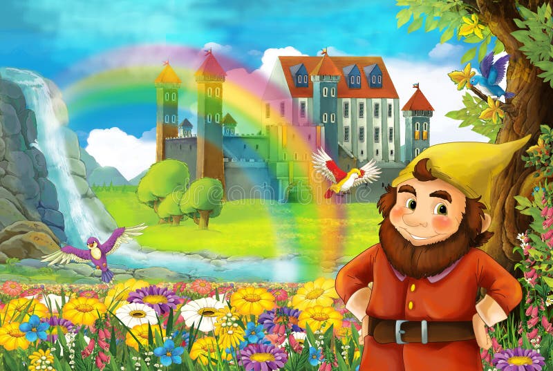 Cartoon Scene with Little Dwarf is Standing Near Beautiful Stream Rainbow  and Palace in the Background Stock Illustration - Illustration of cartoon,  anime: 104245886