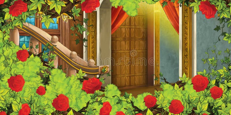 Cartoon scene with medieval castle room and bush of roses - interior for different usage - illustration for children kids