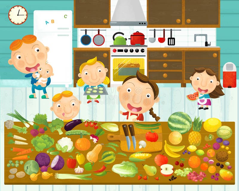 Cartoon scene met familie in de keuken die eet en kookt en er plezier in heeft - illustratie stock illustratie Cartoon scene met familie in de keuken die eet en kookt en er plezier in heeft - illustratie stock illustratie