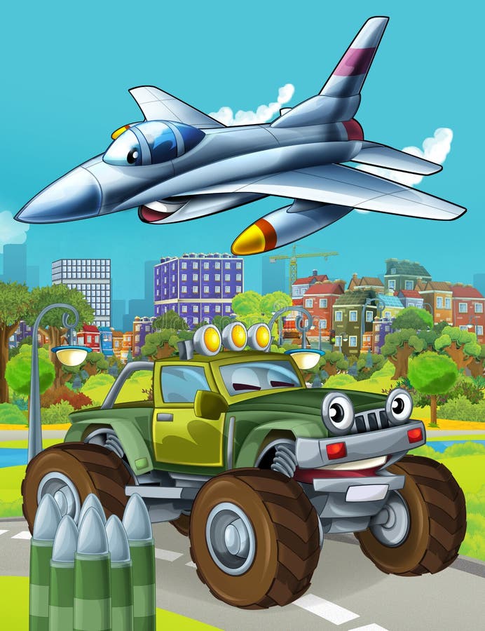 Cartoon Scene With Military Army Car Vehicle On The Road And Jet Plane Flying Over Illustration For Children Stock Image Image Of City Funny