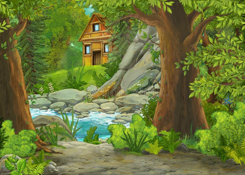 Cartoon scene with mountains and valley with farm house and garden near the forest and stream