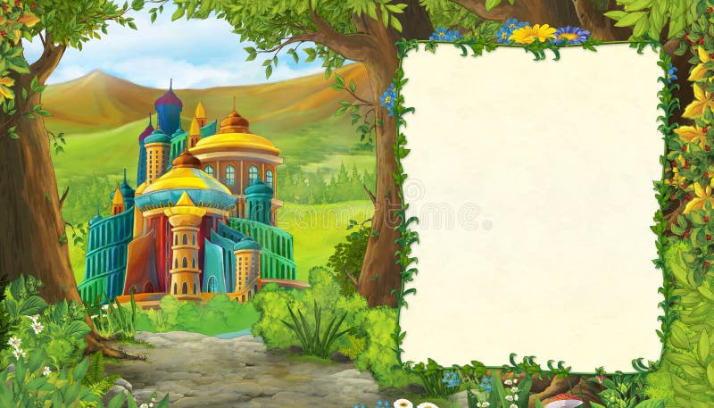 Cartoon scene with mountains and valley with house or palace near the forest illustration for children