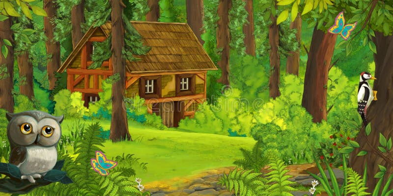 Cartoon Scene With Owl With The Wooden Farm House In The Forest Stock
