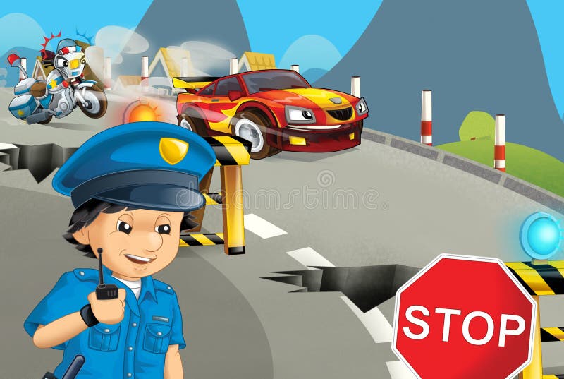 Cartoon scene with police motorcycle driving through the city policeman vector illustration Cartoon scene with police motorcycle driving through the city policeman vector illustration