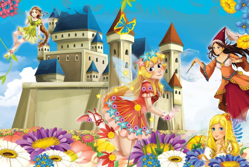 Cartoon Scene with Princess and Fairies Stock Illustration ...