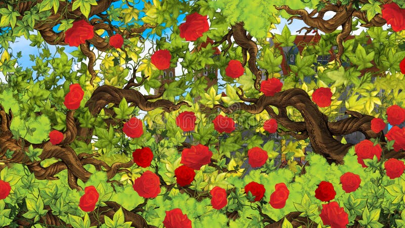 Cartoon Scene of Rose Garden Near Castle in the Background Illustration for  Children Stock Illustration - Illustration of cheerful, happy: 158852656