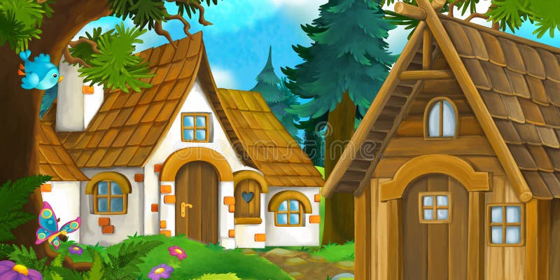 Cartoon Scene Rural House in the Forest on the Meadow Stock Illustration -  Illustration of flowers, houses: 218066090
