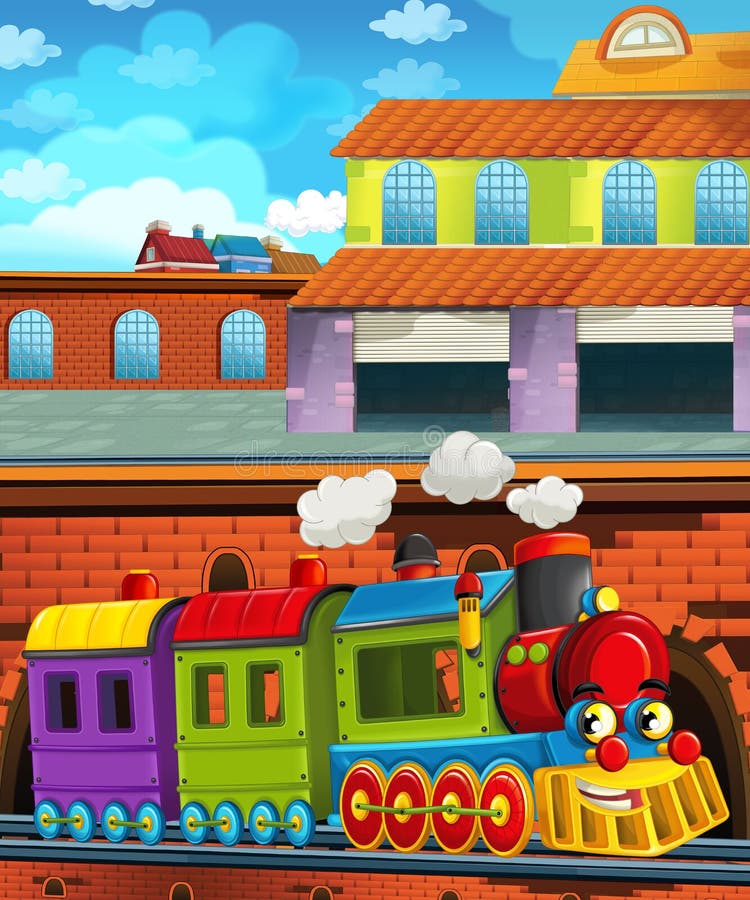 Cartoon scene with train vehicle on the road near the garage or repair station - illustration