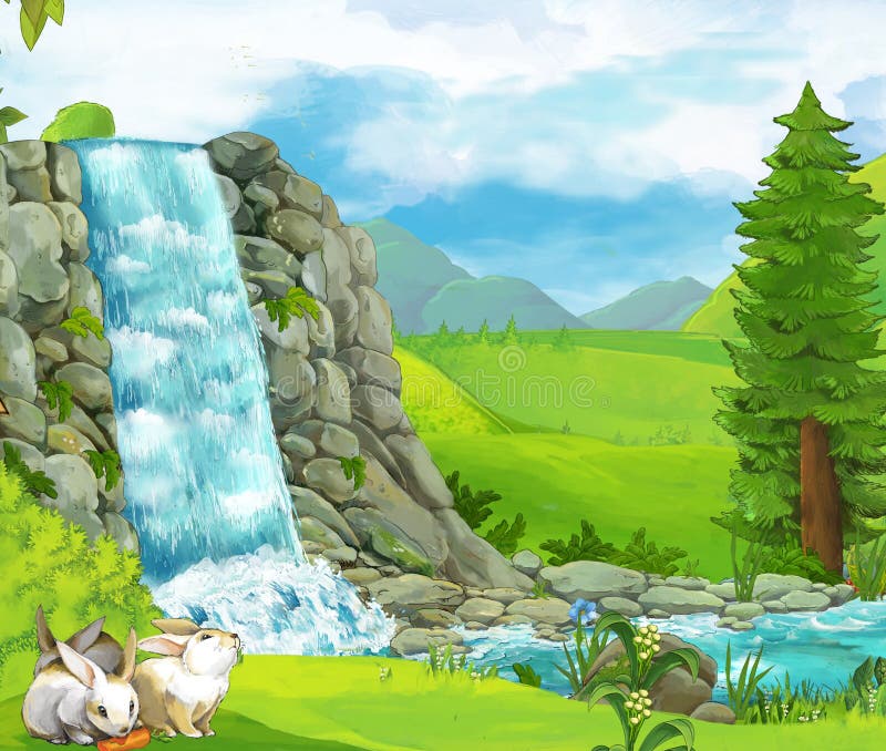 Cartoon scene with waterfall with rabbit in the forest illustration for children kids