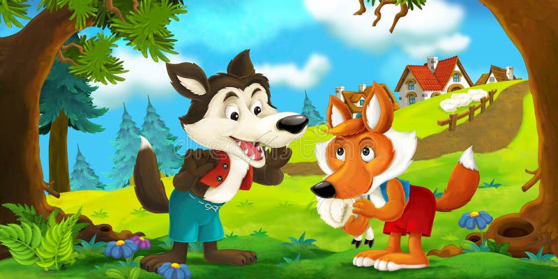 Cartoon Scene of a Wolf and a Fox Talking To Each Other after Stealing ...