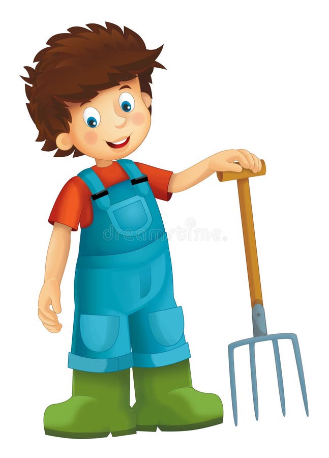 Cartoon Farm Boy Standing and Smiling with Farming Tool Stock ...