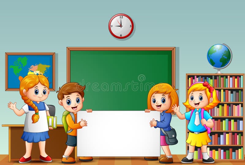 Cartoon School Kids with Blank Sign in a Classroom Stock Vector ...