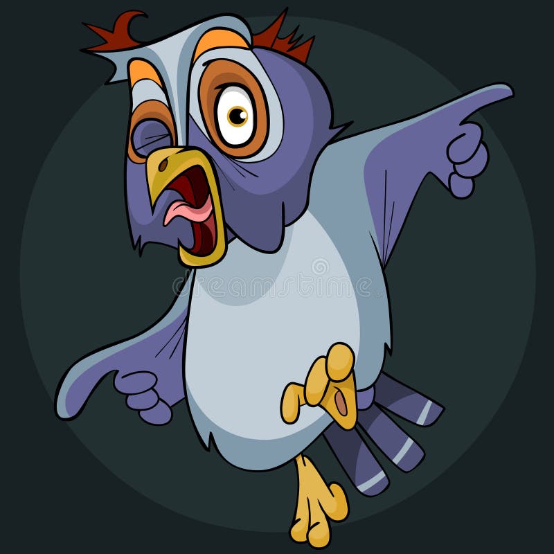 Cartoon screaming owl winks and points wing to the side stock illustration