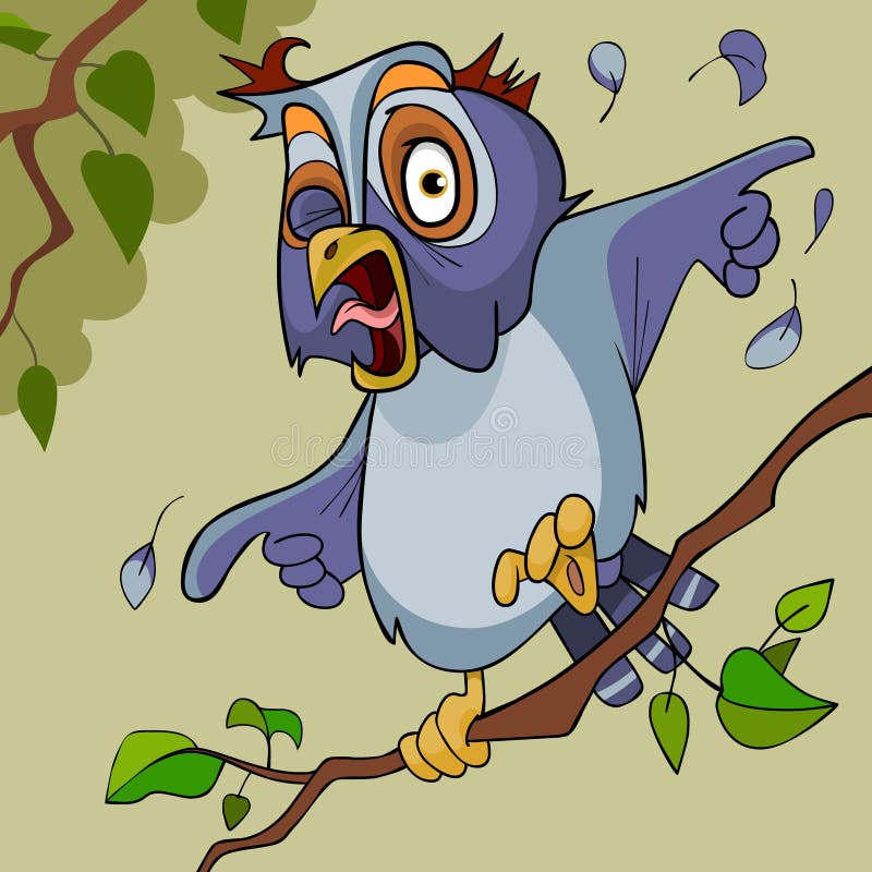 Cartoon screaming owl winks and points wing to the side while sitting on a branch royalty free illustration