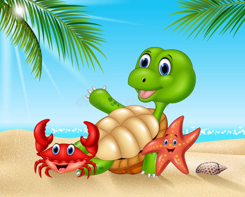 Cartoon sea animals relaxing on the beach