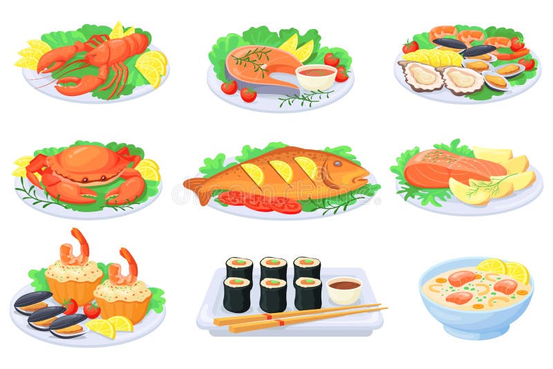 Cartoon seafood plate. Sea food dishes, cooking fish barbecue, dinner baked salmon, mediterranean shrimp, cooked lobster