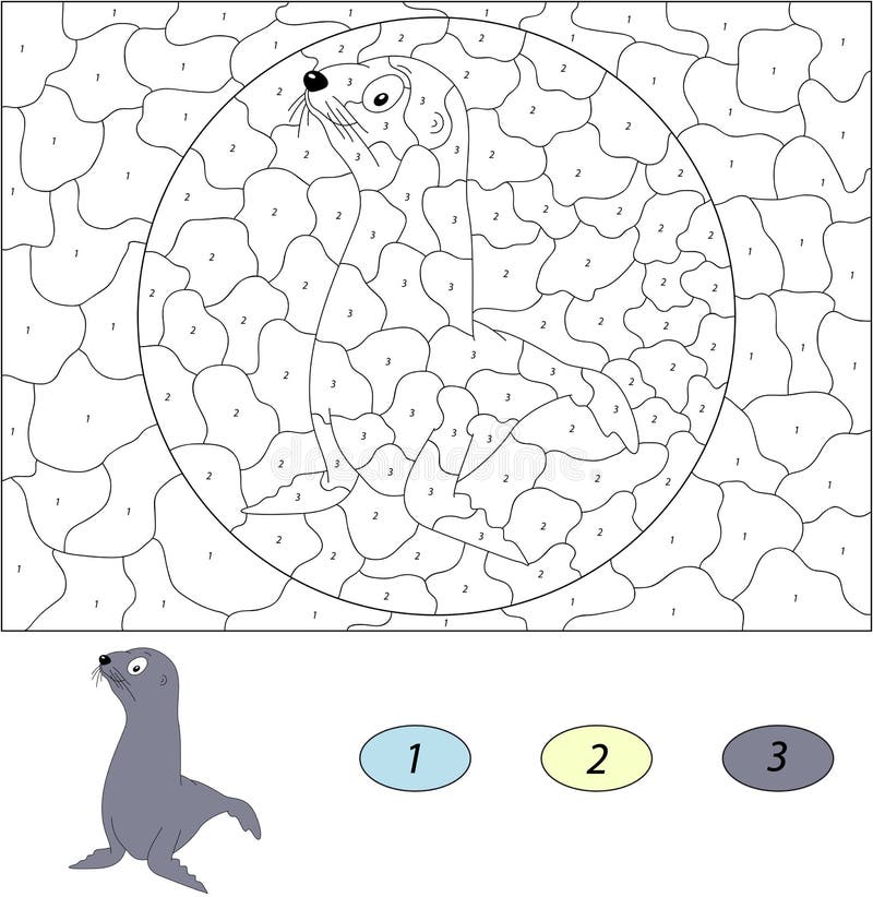 Cartoon seal. Color by number educational game for kids