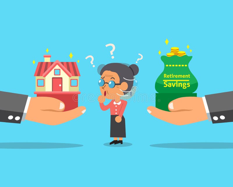 Cartoon senior woman choosing between house and retirement savings money royalty free illustration Cartoon senior woman choosing between house and retirement savings money royalty free illustration