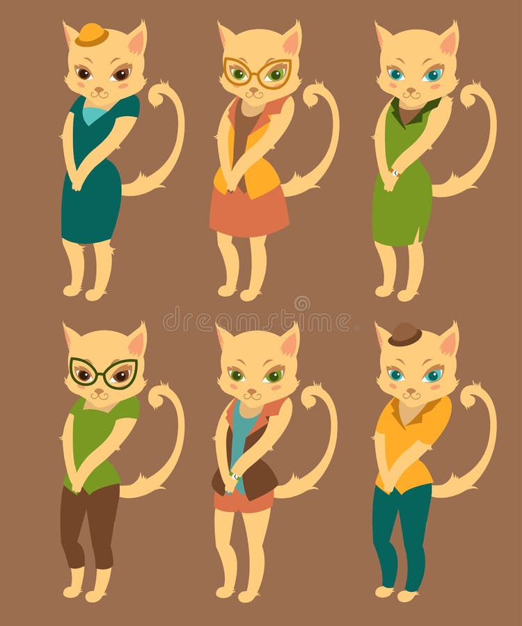 Cartoon Set of Cute Cats in Retro Style Clothes Stock Vector ...