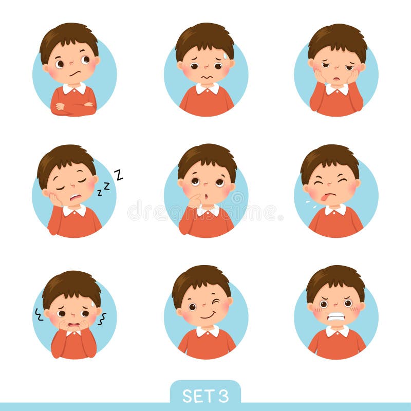 Vector cartoon set of a little boy in different postures with various emotions. Set 3 of 3