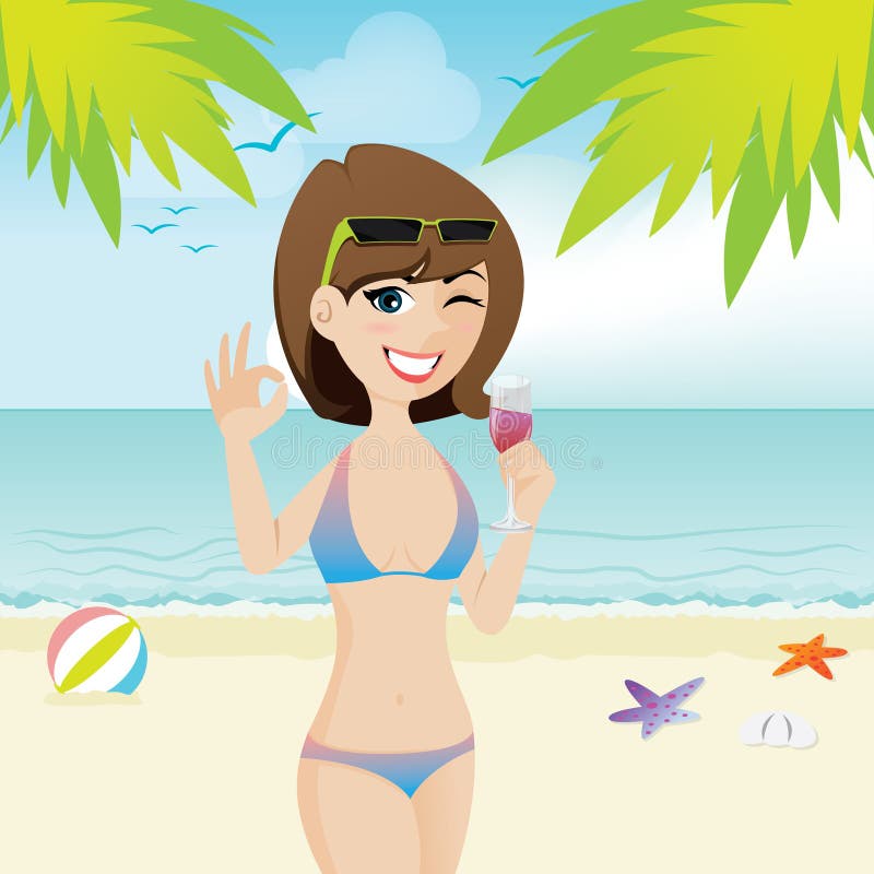 Cartoon girl on the beach with cocktail