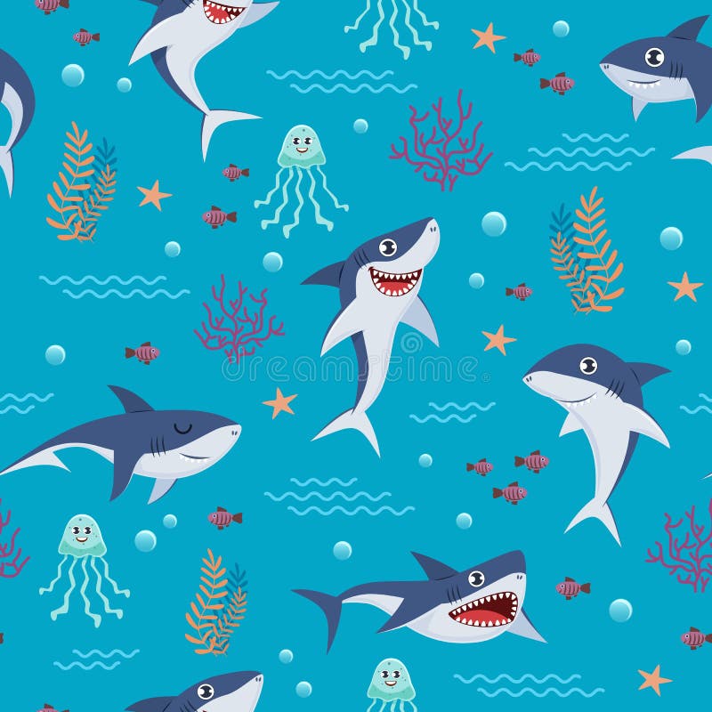 Cartoon Sharks Pattern. Seamless Background with Cute Marine ...