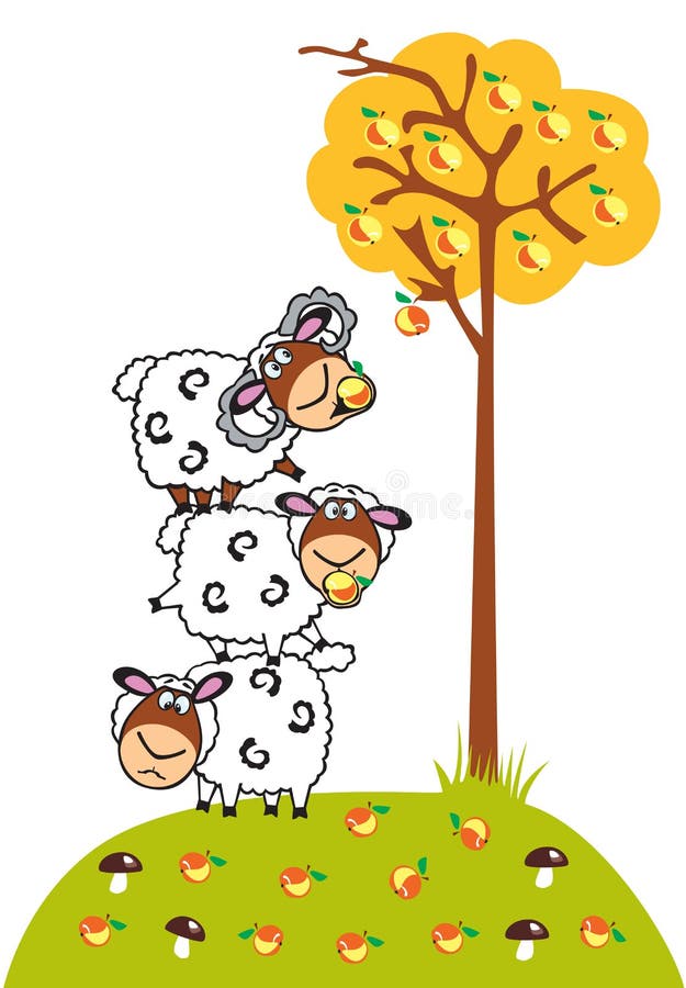 Cartoon sheep and apples