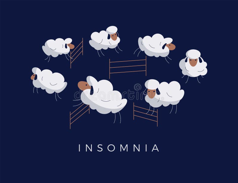 Cartoon sheep jumping over fence on night background. Insomnia, sleep disorder, sleeplessness, dream, trying to sleep, counting the sheep concept. Vector modern cute animal illustration in flat design