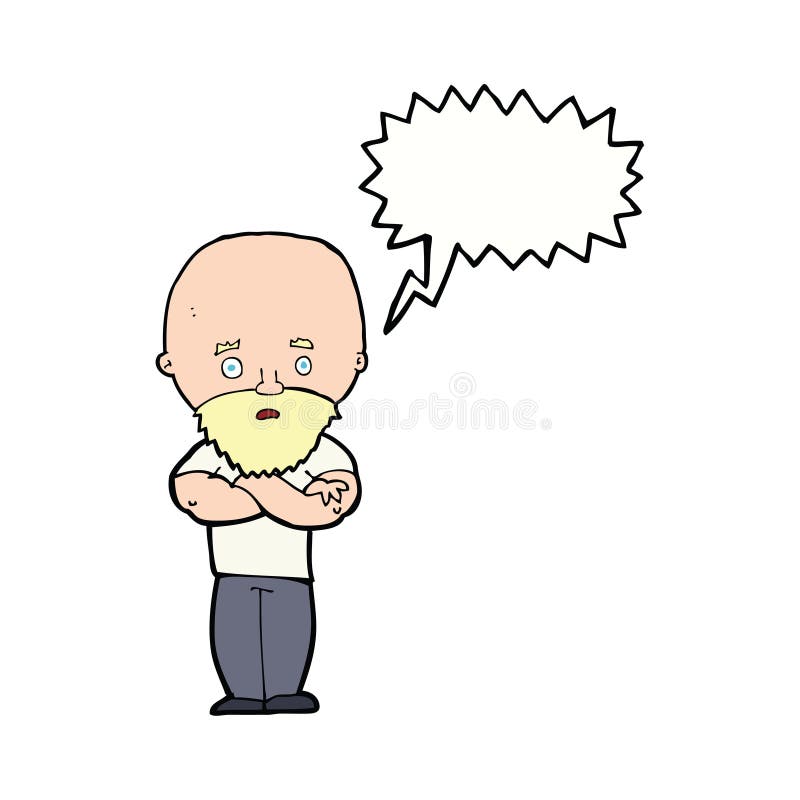 cartoon shocked bald man with beard with speech bubble