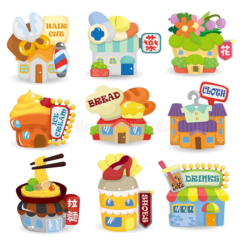 Cartoon shop building icon set vector illustration Cartoon shop building icon set vector illustration