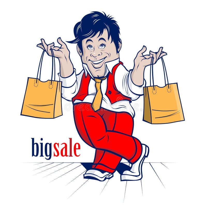 Cartoon shopping man. big sale