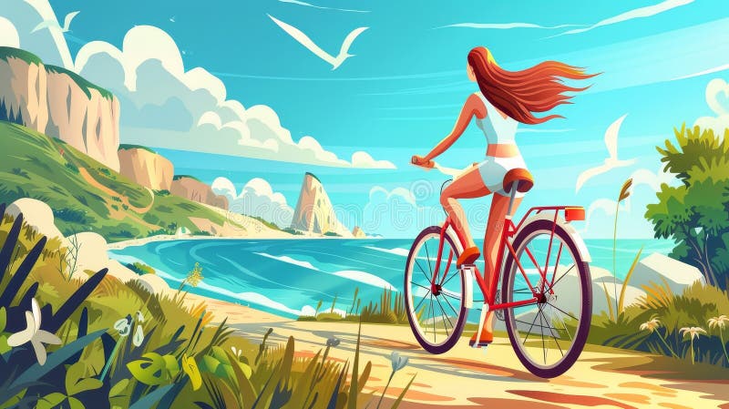 The cartoon shows a young woman riding a bicycle on a mountain road at seascape view. Traveling with beautiful seaview landscape, vacation at the seashore. Modern illustration of a summer vacation at. AI generated