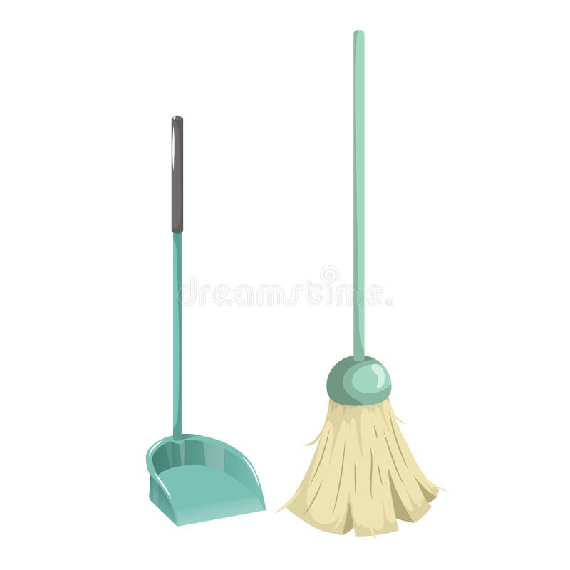 Cartoon Simple Gradient Cleaning Set Objects. Green Broom and Plastic